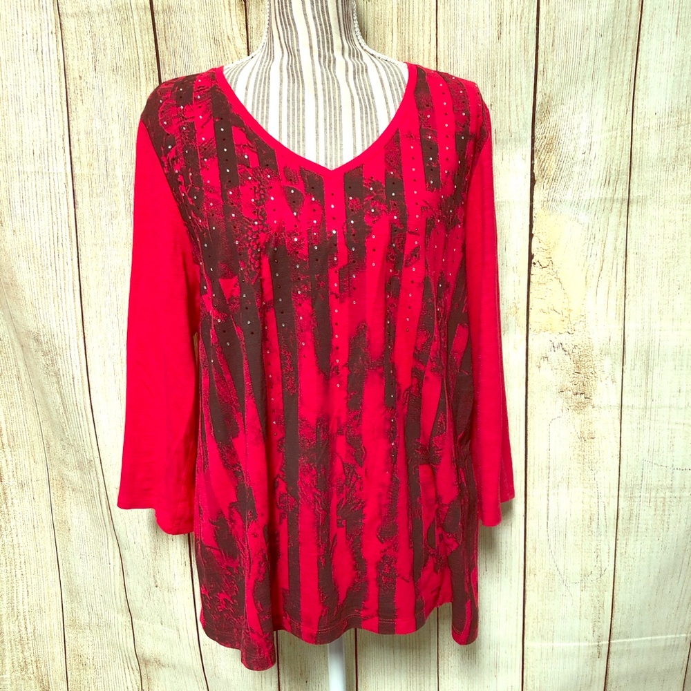 Zenergy Red Bedazzled Striped Casual Comfy Shirt